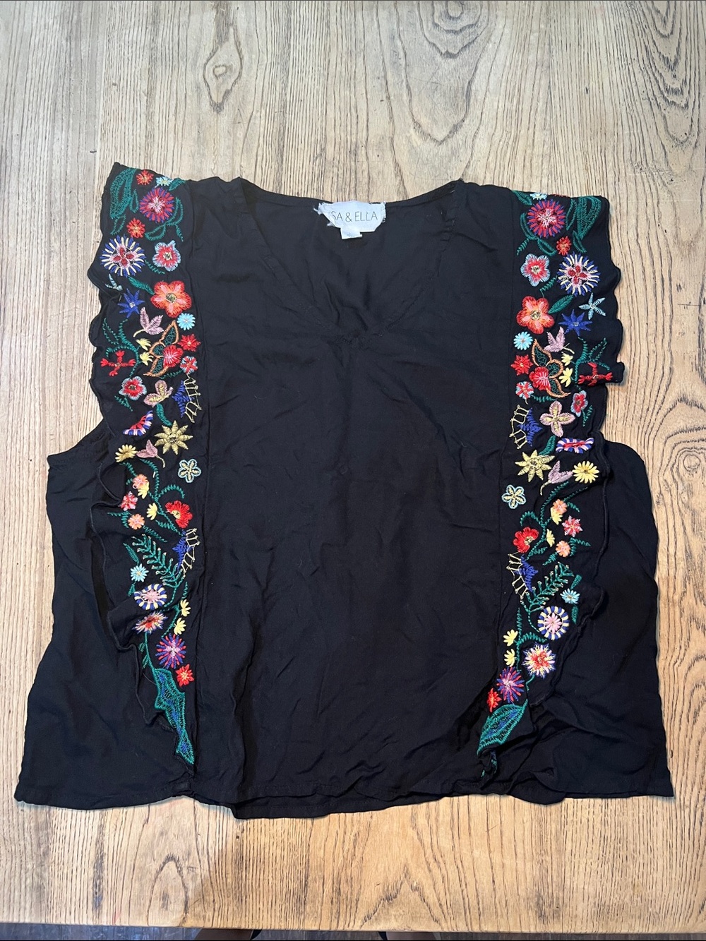 ISA&ELLA Black Embroidered Floral Flutter Sleeve Top L